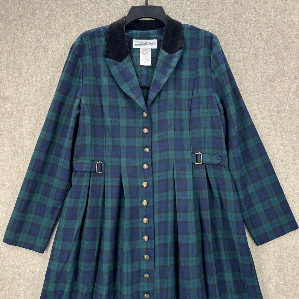 VTG Jessica Howard Tartan Plaid Dress 16 Green Blue Velvet Collar Equestrian - Picture 3 of 7